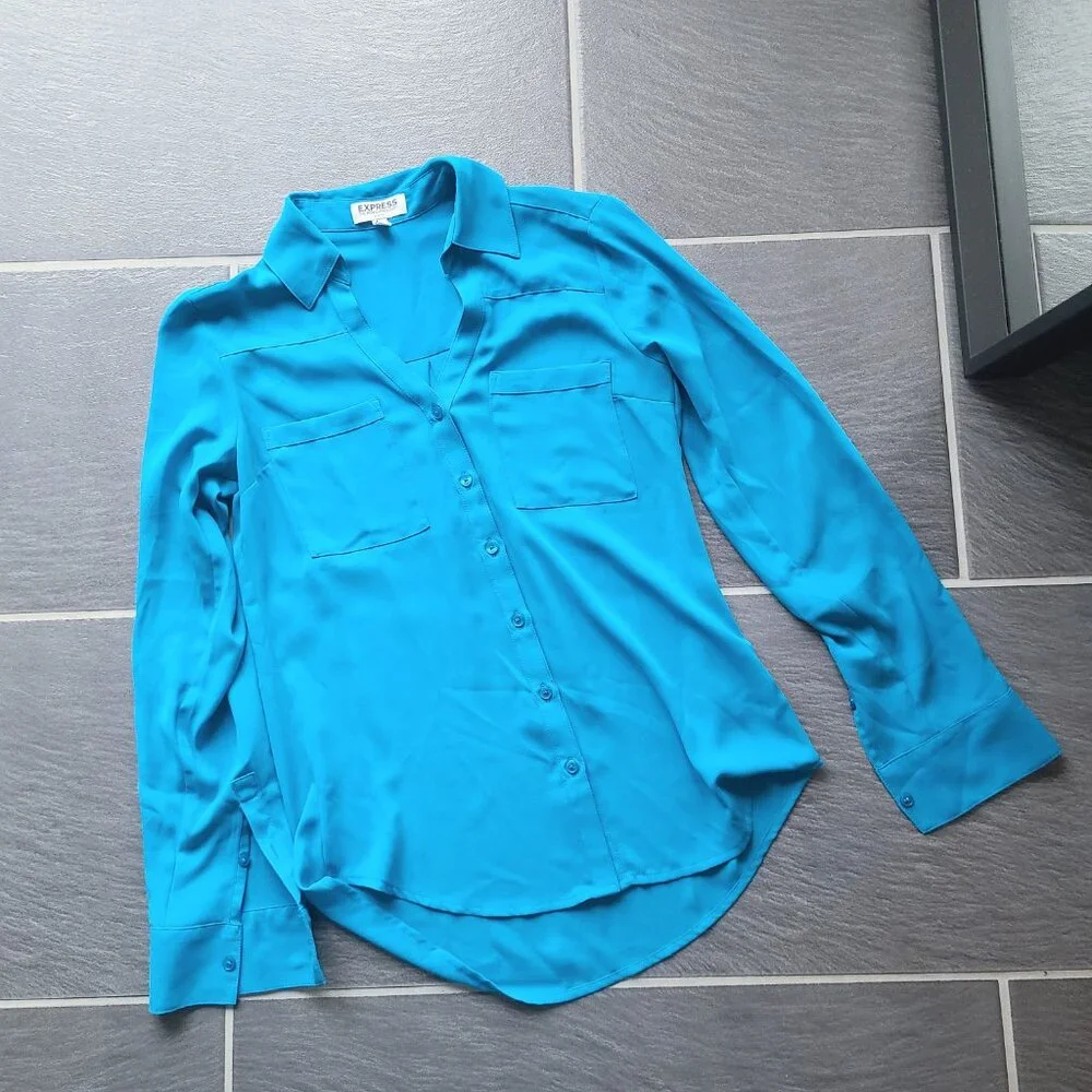Express The Portofino Shirt Slim Fit Button Down Long Sleeve Top Cobalt Blue XS - Picture 6 of 10